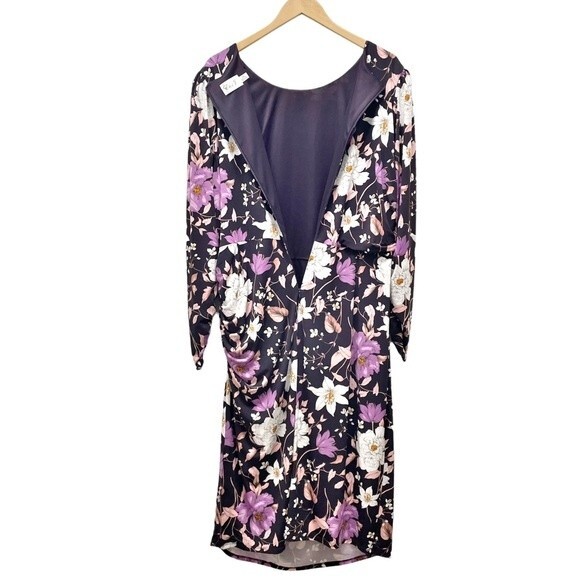 NWT Eliza J Floral Long Sleeve Shirred Midi Dress Aubergine Blooms Plus Size 20W - Picture 3 of 16